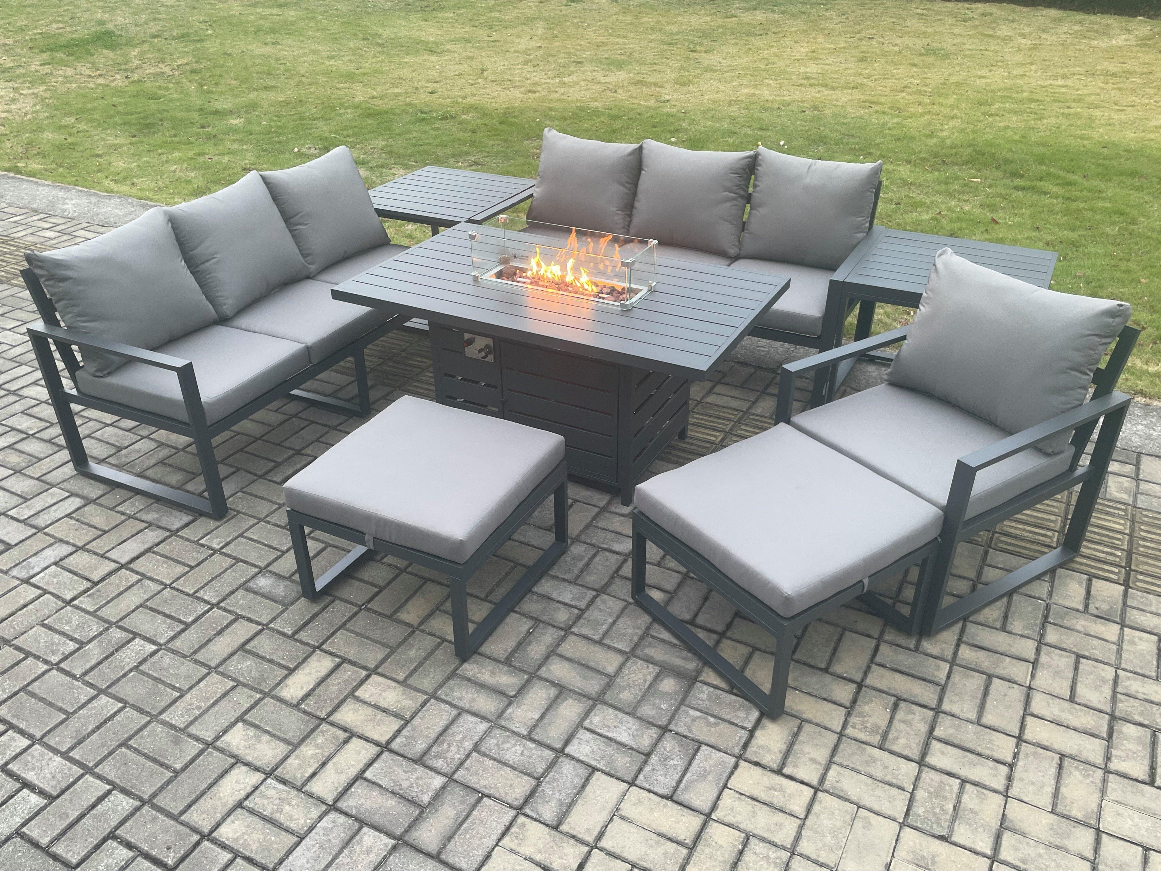 Aluminium 8 Pieces Garden Furniture Sofa Set with Cushions 9 Seater Gas Fire Pit Dining Table Set wi